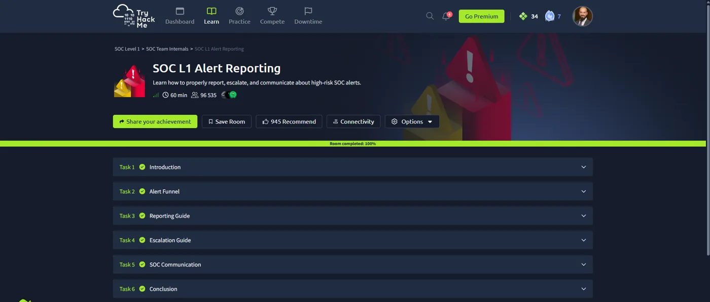 TryHackMe SOC L1 Alert Reporting room completed 100 percent