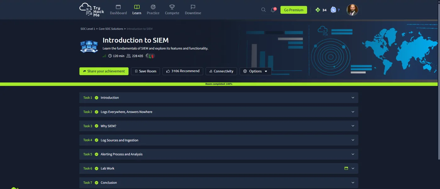 TryHackMe Introduction to SIEM room completed 100 percent